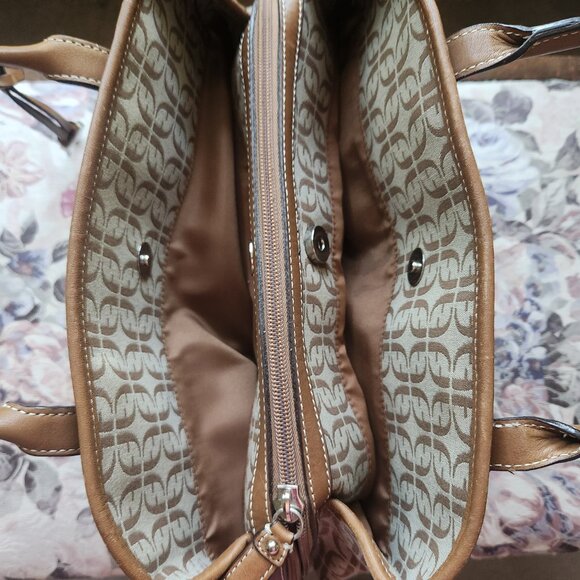 FOSSIL women Handbag Beige Canvas Logo print/Leather 13"x9"x4.5" 2 handles - Picture 8 of 15